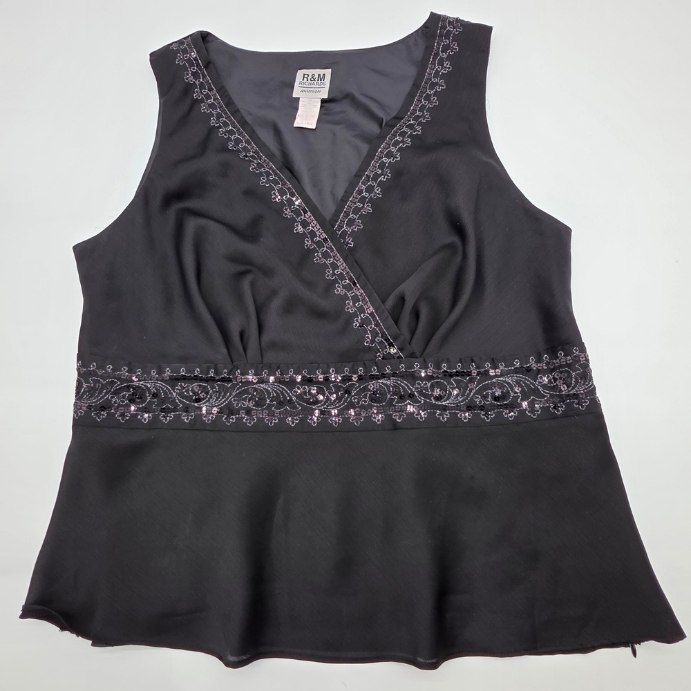 VNT R&M Richards Tank Top Woman 18W Black Sequin Embroidered Faux Wrap V-Neck